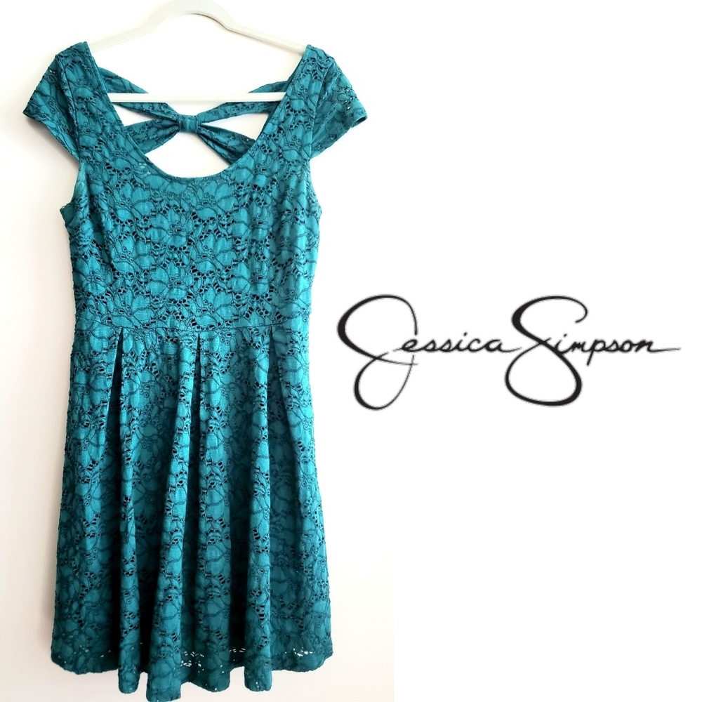 JESSICA SIMPSON | Teal Lace Cap Sleeve Dress